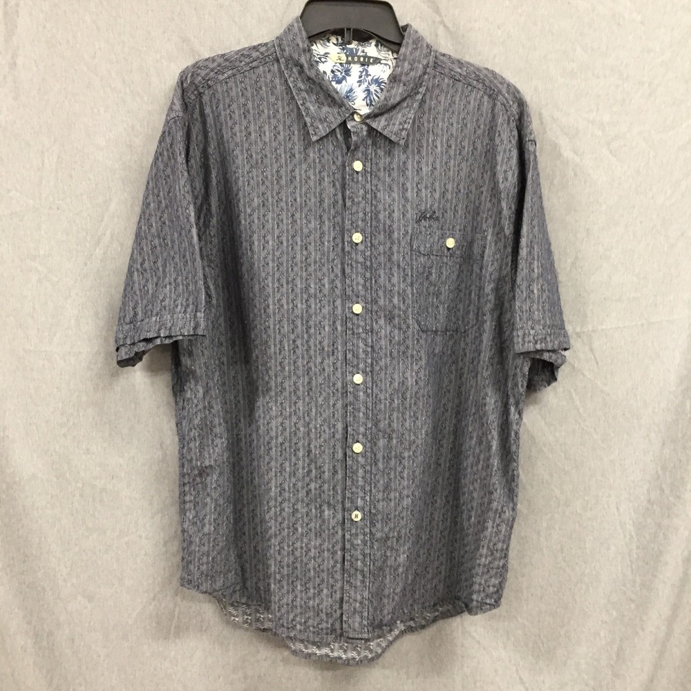 Hobie Mens XL Short Sleeve Button Down Shirt Blue Grey Striped Textured Cotton
